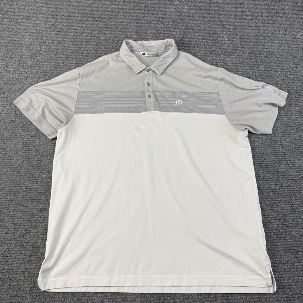Travis Mathew Polo Shirt Mens 2XL White Gray Stripe Desert Willow Golf Resort
